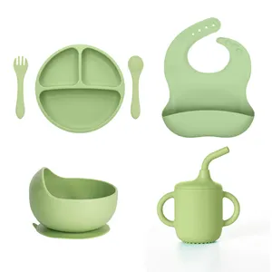 Bpa Free Plastic Silicone Bib Suction Spoon Bowl Plate Spoon Cup Feeding Set For Kids Babies
