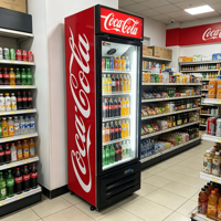 Réfrigérateur vertical de vente au détail avec étagères réglables, refroidisseur à ventilateur pour boissons gazeuses et jus, unité de présentation