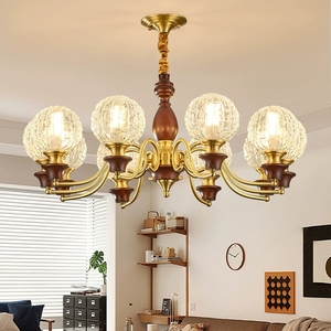Massiver Kupfer-Kronleuchter im Französischen Vintage-Stil, Retro Amerikanischer LED-Deckenleuchter, Einfache Installation, Walnuss-Akzente für Wohnzimmer - Product Image 2