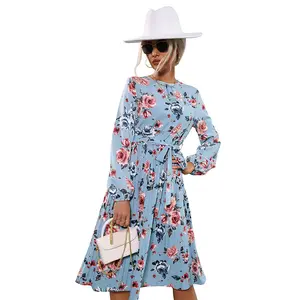 Senhora elegante manga longa vestido personalizado verão moda design mulheres vestido floral