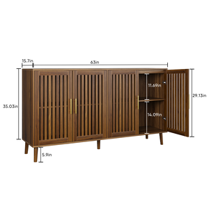 Credenza in noce da 63 pollici con 4 ante a griglia, mobile contenitore a righe per soggiorno e cucina - Product Image 2