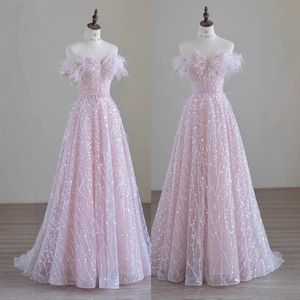 Pink Off The Shoulder Feather Evening Gown Empire Waist A Line Organza Dress For Bridal Engagement Party - Product Image 1