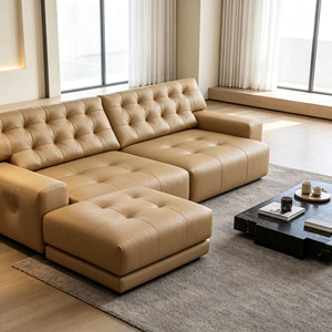 Sofá Seccional Moderno de Cuero PU Color Bronceado con Brazos Cuadrados y Diseño Acolchado para Sala de Estar - Product Image 4