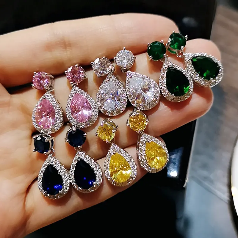 CAOSHI Quà Tặng 2021 Hoa Tai Đám Cưới Bông Tai Thời Trang Trang Sức Hoa Tai Mặt Dây Chuyền Bạc Đá Zircon Hình Giọt Nước 5 Màu Cho Nữ