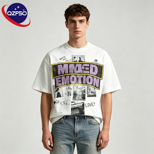 Camisetas QZFSO personalizadas de 240 g/m² para hombre, estilo oversize, desgastadas, con gráfico recortado, de algodón grueso, con estampado DTG y pedrería. - Product Image 1