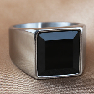 European American Style <b>Titanium</b> Steel Black Stone Ring Square Geometric Men's Punk Jewelry - Product Image 4
