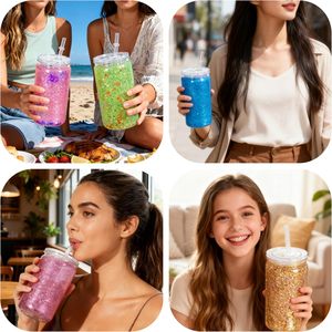 美国 RTS 50 件装 16 盎司塑料雪球杯 16 盎司双层塑料罐，带盖子和吸管，适合闪光粉 DIY 礼物 - Product Image 5
