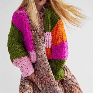 신상품 편안한 오픈 가슴 가디건 여성용 캐주얼 스위트 트윈셋 퍼프 슬리브 컬러 블록 케이블 니트 통기성 직조 - Product Image 2