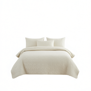 Elegante Copriletto King Size Color Crema, Set di 3 Pezzi Trapuntati e Plissettati, Collezione Lavabile in Poliestere - Product Image 1