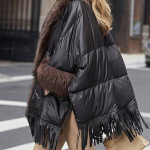 Luxury Duck <strong>Down</strong> <strong>Cape</strong> with Real Raccoon Fur Collar Women Winter Warm <strong>Down</strong> Cloak Coat with Tassels