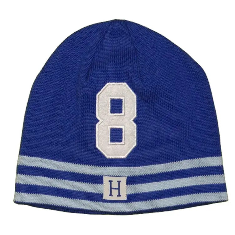 Unisex Adults White Stripes Blue Acrylic No Pom Custom Embroidery Knitted Jacquard Reflective Printed Skull Vendor Beanies