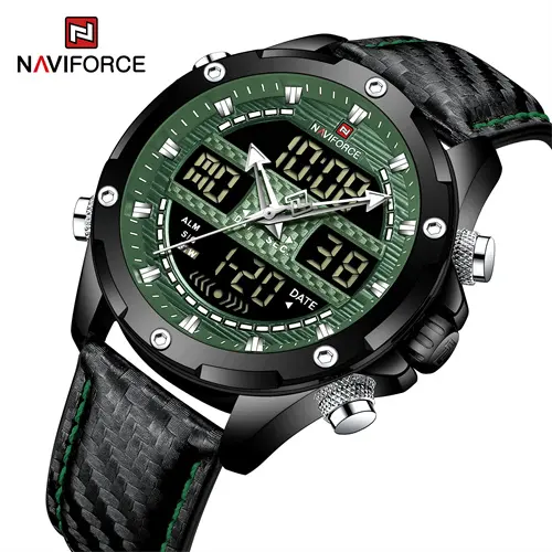 NAVIFORCE 9194 BGNB ירוק אמיתי עור יוקרה קוורץ שעונים גברים יד LCD דיגיטלי זוהר ידיים שעון זכר שעון Reloj