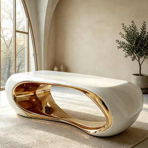 Tavolino da Caffè Curvo in Fibra di Vetro con Cornice Bianca Lucida e Dettagli Oro per Interni di Casa Contemporanea di Alta Gamma - Product Image 1