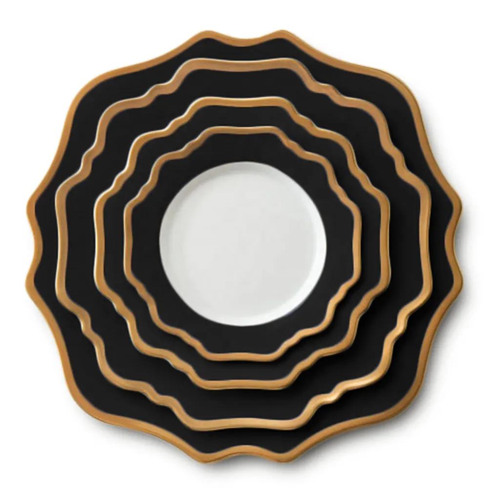 Toptan yeni tasarım yemek takımı ayçiçeği şekli seramik tabak altın jant porselen tabaklar yemek tabakları
