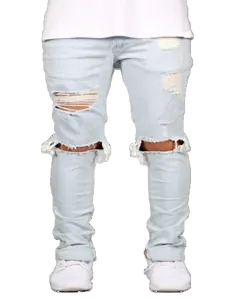 Pantalones vaqueros negros personalizados para hombre, Jeans informales rasgados ajustados a granel, a rayas de algodón para verano, OEM, personalizados para Primavera, venta al por mayor