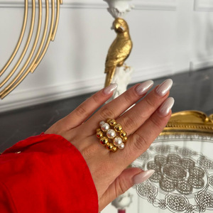 Anillo de Perlas de Oro de 18k con Diseño de Bola de Acero Inoxidable, Forma Geométrica, Engaste de Bisel, Joyería Unisex para Uso Diario - Product Image 4