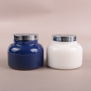 Custom Made Soy Candle <b>Jar</b> Blue And White Glass With Stainless Steel Lid Round Cup Shaped Home <b>Decoration</b> Indoor Use - Product Image 1