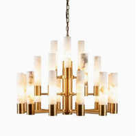 Lustre en laiton avec abat-jour cylindrique en albâtre naturel pour villa, hôtel, salle à manger