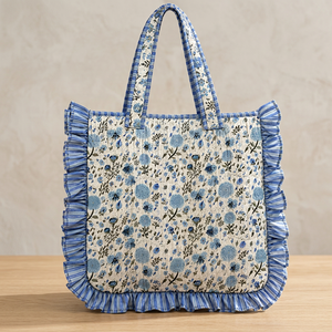 Bolso Tote de Algodón Acolchado con Estampado Floral Azul, con Detalle de Volantes, Abertura Superior, para Compras, Viajes, Playa y Uso Diario - Product Image 2