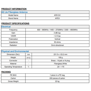 Conectores Tipo N, Antena 5G Externa de Fibra de Vidrio Fabricada en Taiwán, 600-5000MHz - Product Image 2