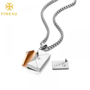 New Trendy Stainless Steel Engraved Jewelry Open Locket Love You Letter Message Card Envelope Necklace