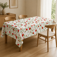 Nappe en PEVA imprimée, motif floral blanc et rouge, 90 x 132 pouces, nappe rectangulaire en plastique jetable pour pique-nique en plein air