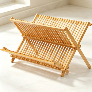 Bamboo Dish <b>Rack</b> Folding Drainer For Kitchen Sink Storage With <b>Plates</b> And Cups - Product Image 3