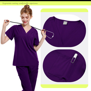 Unisex Medical Scrub Set Moisture Wicking Breathable Hospital Uniforms Split Set Purple V Neck With Pocket - Product Image 1