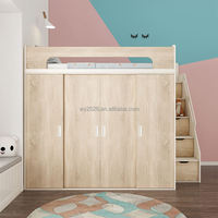 Lit mezzanine moderne gain de place avec dressing intégré et rangement sous escalier, lit surélevé en bois sur mesure
