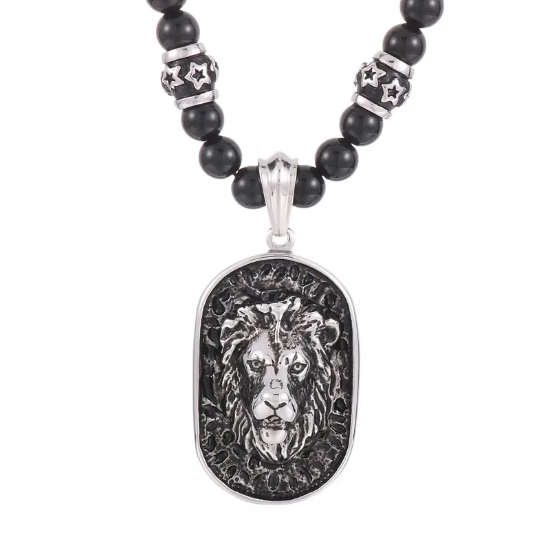 Kalen Domineering Stainless Steel Lion Pendant Men Jewelry 18K Pvd Gold Plated Black Bead Chain Long Necklace Jewelry Necklaces