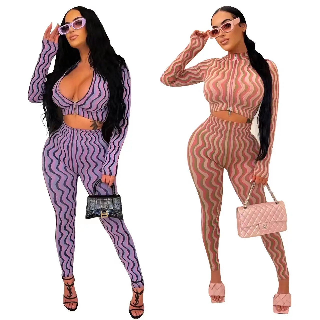 Womens Fashion 2 Pieces Outfits Bodycon Zipper Front Long Sleeve Crop Top Long Pants Tracksuit Sets