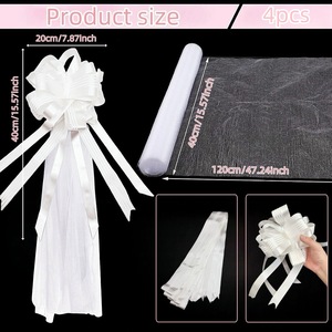 Lot de 4 bancs de mariage blancs avec nœuds papillon et longues ailes en voile pour la décoration de l'allée de l'église et la décoration de voiture de mariage - Product Image 5