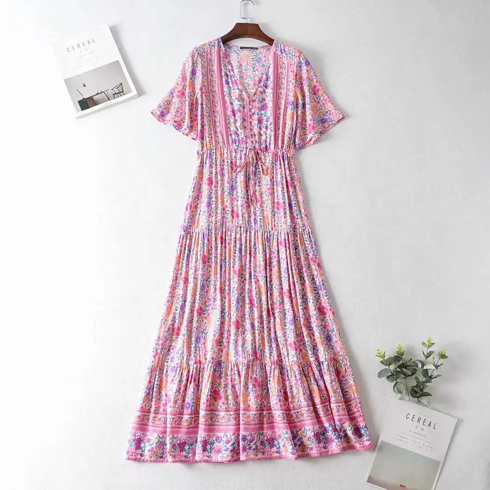 Dresses Bohemian Pink Color Lace Up Waist Printed Flare Short Sleeve Women Cotton Rayon Summer Bohemian Dress
