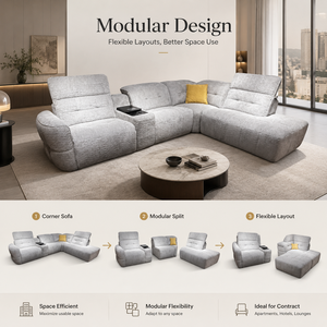 Divano Modulare a L di Lusso <span class=keywords><strong>Moderno</strong></span> Reclinabile, Rivestito in <span class=keywords><strong>Grigio</strong></span> per Soggiorno - Product Image 2