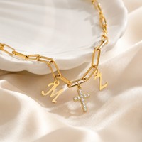 Collier en maillons trombones dorés pour femme, personnalisable avec deux initiales (A-Z), breloques en zircon cubique, croix centrale, bijoux monogramme de foi