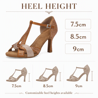 Chaussures de danse latine pour femmes, salsa, tango, chaussures de soirée, chaussures de danse pour femmes, marron, strass, talons hauts, sandales d'extérieur