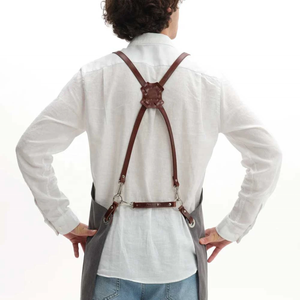 Men's Canvas <b>Apron</b> With Leather Straps And Pockets-Gray Workwear For <b>Kitchen</b>-Coffee Shop-Barbecue Leather Sleeveless-Industrial - Product Image 5
