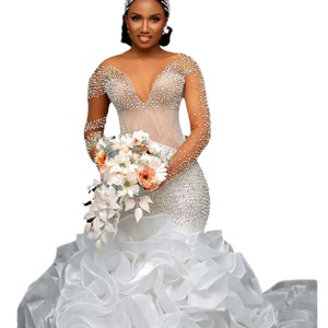 Wedding Dress Mermaid Style High Waisted Sweetheart Neckline Ruffles Long Train White Bridal Gown - Product Image 4