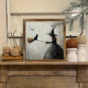 20cm all'ingrosso grandi arazzi <span class=keywords><strong>di</strong></span> pittura in legno incorniciato strega <span class=keywords><strong>di</strong></span> Halloween su scopa arte da parete stampa personalizzabile Dropshipping DDP - Product Image 1