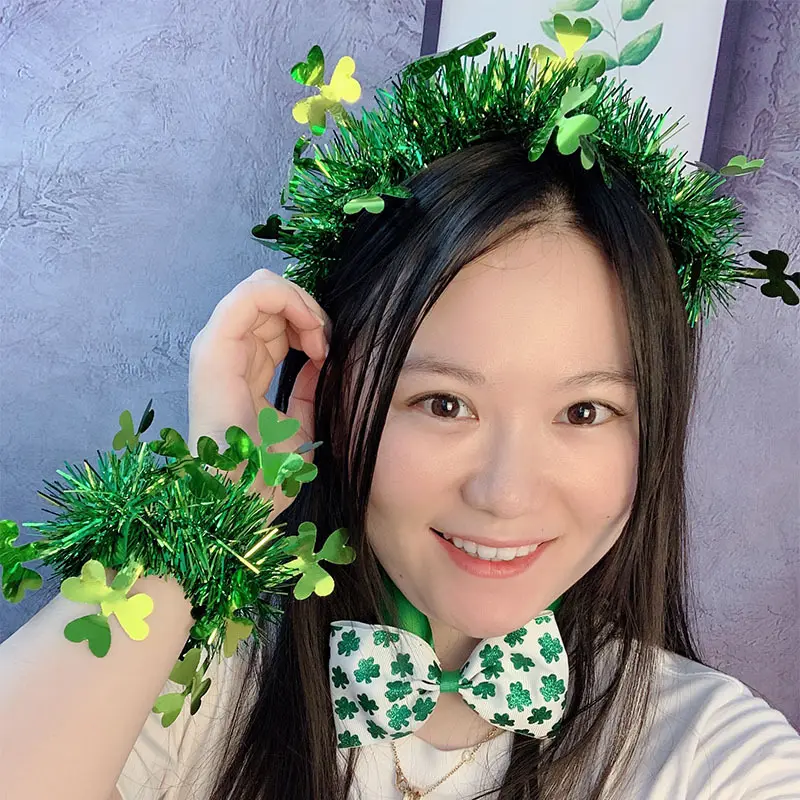 Penjualan laris baru topi hijau Irlandia kalung Shamrock gelang dasi kupu-kupu Hari St Patrick Set