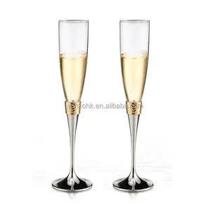 Wholesale toasting flutes nickel plated metal stem hammer pattern connection in brush gold e-coating Wedding Champagne Glass