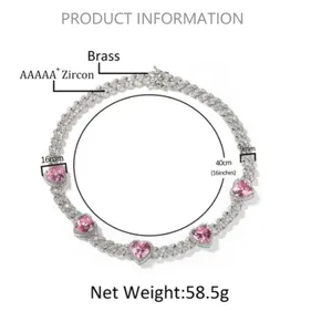 New Diamond Women's Necklace Hip Hop 9mm Sweet Pink Heart Zircon Cuban Chain