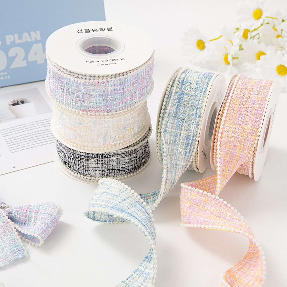 Handmade 3.8cm X 10yard Polyester Pearl Ribbon Christmas Tree Decoration Gift Packaging Eco-Friendly Durable Birthday Hair