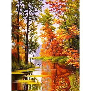 SONGWOOART Kit de Manualidades DIY: Paisaje Otoñal de Bosque y Río, Mosaico de Diamantes de Imitación para Decoración de Pared - Product Image 1