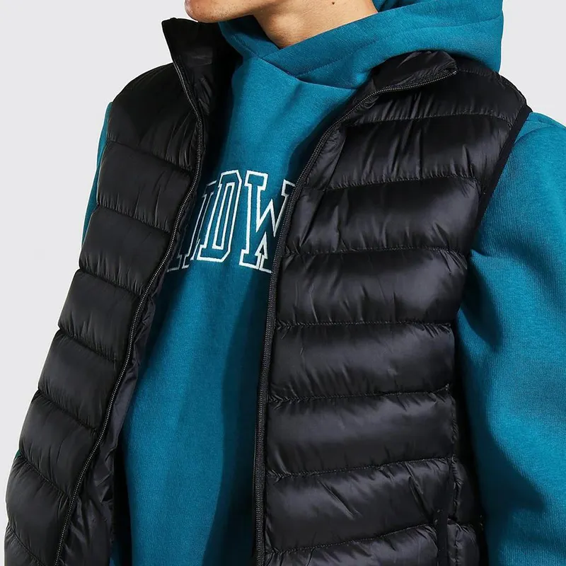 OEM 도매 고품질 남성 겨울 단단한 야외 옷 두꺼운 버블 후드 재킷 사용자 정의 로고 따뜻한 패딩 조끼 남성