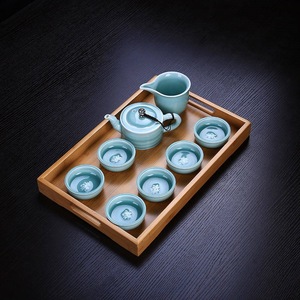 Plateau à thé en bambou avec théière et tasses en céramique, plateau de service rectangulaire pour cérémonie du thé, style chinois - Product Image 1
