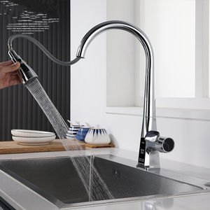 Robinet de cuisine numérique à LED mélangeur chaud-froid, <span class=keywords><strong>mitigeur</strong></span> de pont, robinet en cuivre Flexible rétractable de luxe blanc pivotant - Product Image 5