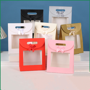 Sac cadeau en papier recyclé coloré, ruban d'art, nœud papillon, cadeau d'anniversaire, de mariage, sac à main avec fenêtre transparente - Product Image 2
