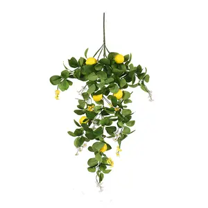 GM hiasan dinding rotan lemon buatan, daun hijau dan tanaman rambat buatan dengan bunga sutra kuning dan putih