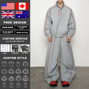 ชุดวอร์มผ้าฝ้ายหนาน้ำหนักมากสำหรับผู้ชาย ยี่ห้อ KingSen เสื้อคอตั้งติดกระดุมแป๊ก แขนเสื้อแบบดรอปไหล่ และกางเกงขายาวทรงกว้าง พร้อมตะเข็บเย็บแบบตัดกัน - Product Image 2